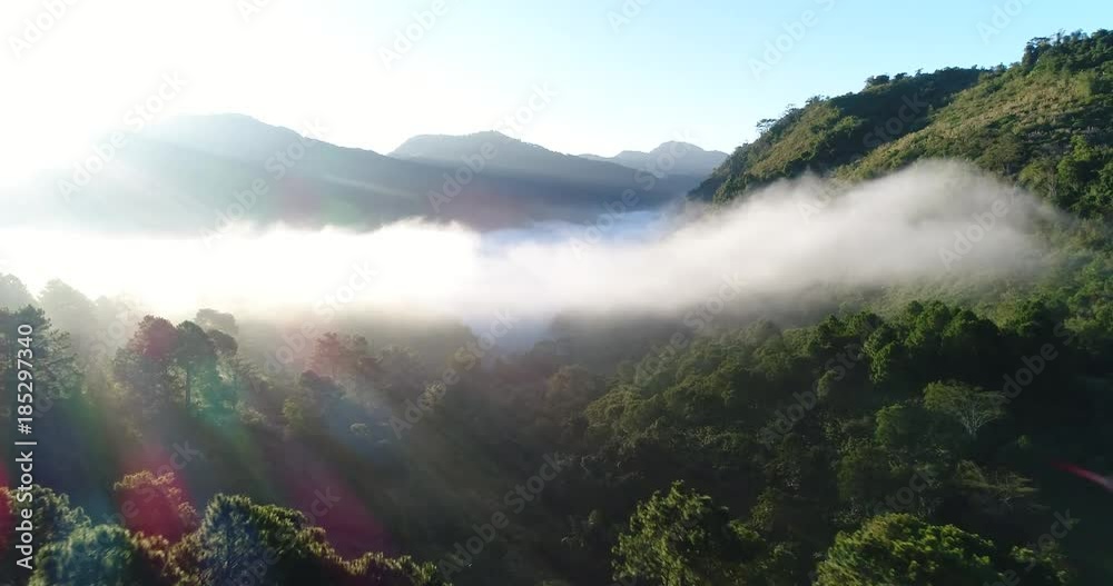 Morning in the mountains with mist and the road on the hill. Beautiful natural backdrop. Video 4K.
