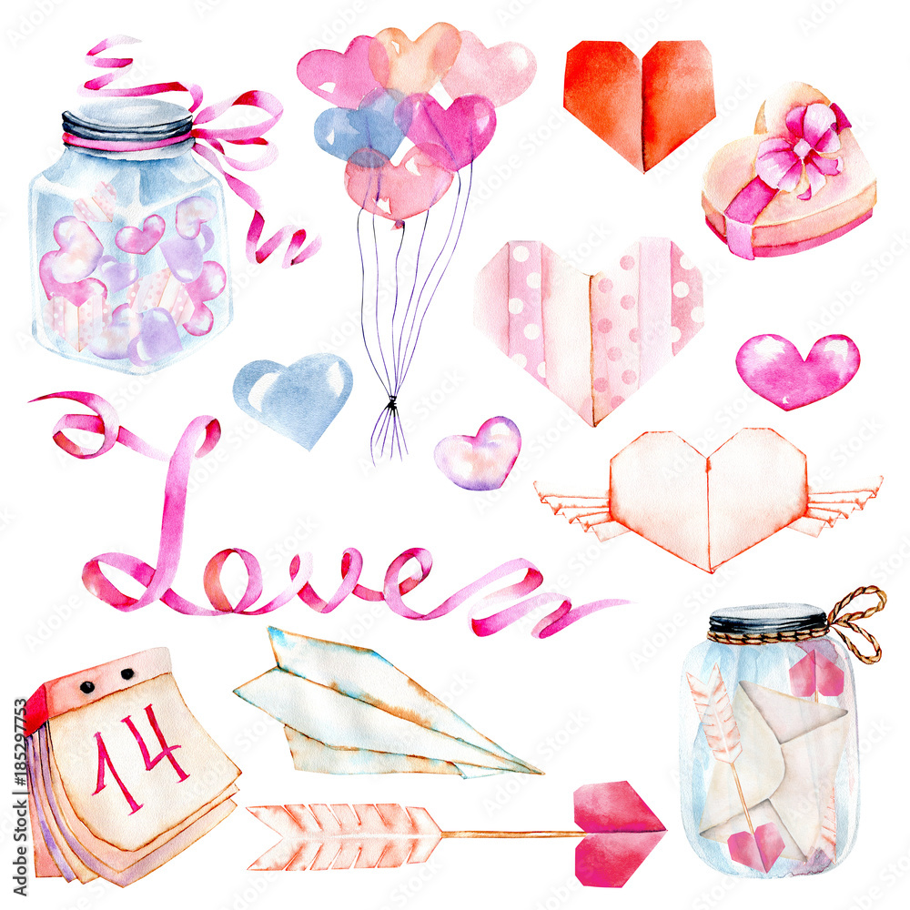 Watercolor Valentine's Day elements set: heart, origami, arrow, gift box, air balloons; hand painted isolated on a white background, for Valentine's Day greeting card, wedding card