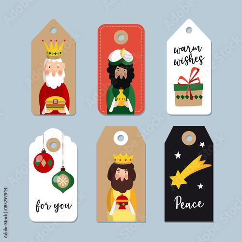Set of cute Christmas gift tags. Three magi. Biblical kings Caspar, Melchior and Balthazar. Vector illustration backgrounds, isolated vector objects for Spanish Dia del Reyes holiday.
