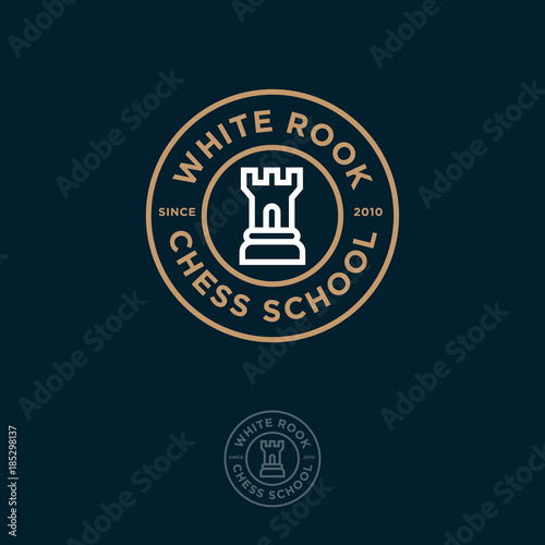 White Rook Logo. Chess club or chess school emblem. Rook and letters in the circle.