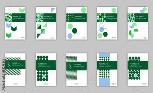 Banner cover template set design for web and book printing with circles, hexagons, lines, diamond pattern, arrows, . Green design.