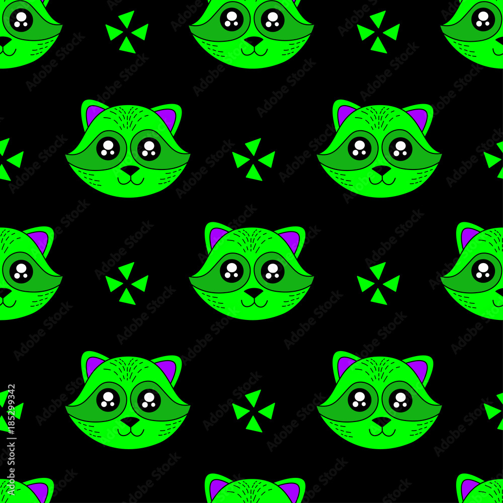 Cute kids raccoon pattern for girls and boys. Colorful raccoon, stars on the abstract background create a fun cartoon drawing. The raccoon pattern is made in pastel colors. Urban pattern for textile Cute kids raccoon pattern for girls and boys. Colorful raccoon, stars on the abstract background create a fun cartoon drawing. The raccoon pattern is made in pastel colors. Urban pattern for textile