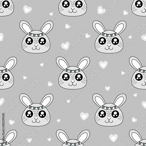 Cute kids rabbit pattern for girls and boys. Colorful rabbit on the abstract background create a fun cartoon drawing. The rabbit pattern is made in neon colors. Urban backdrop for textile and fabric.