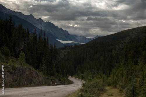 Road trip under a stormy sky in Jasper Alberta Rocky Mountains landscape