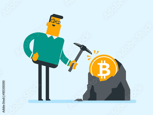 Young caucasian white man with pickaxe working in bitcoin mine. Concept of bitcoin mining, blockchain network technology, initial coin offering and cryptocurrency tokens. Vector cartoon illustration.