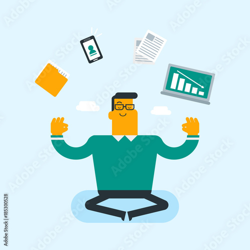 Young peaceful caucasian white businessman meditating in yoga lotus position on the cloud and trying to abstract from business affairs and find mental peace. Vector cartoon illustration. Square layout