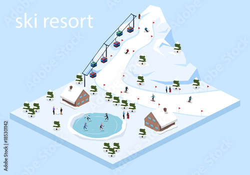 Isometric 3D vector illustration ski resort with cable car on the mountain
