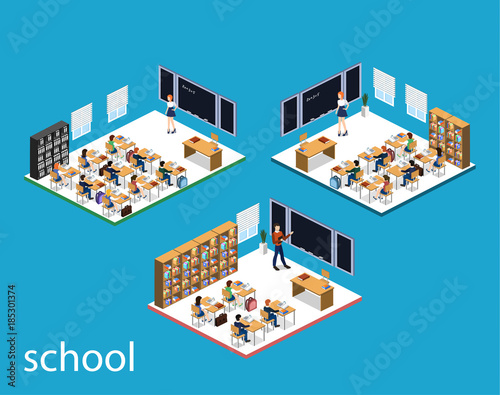 Isometric 3D vector illustration Interior class in school with students