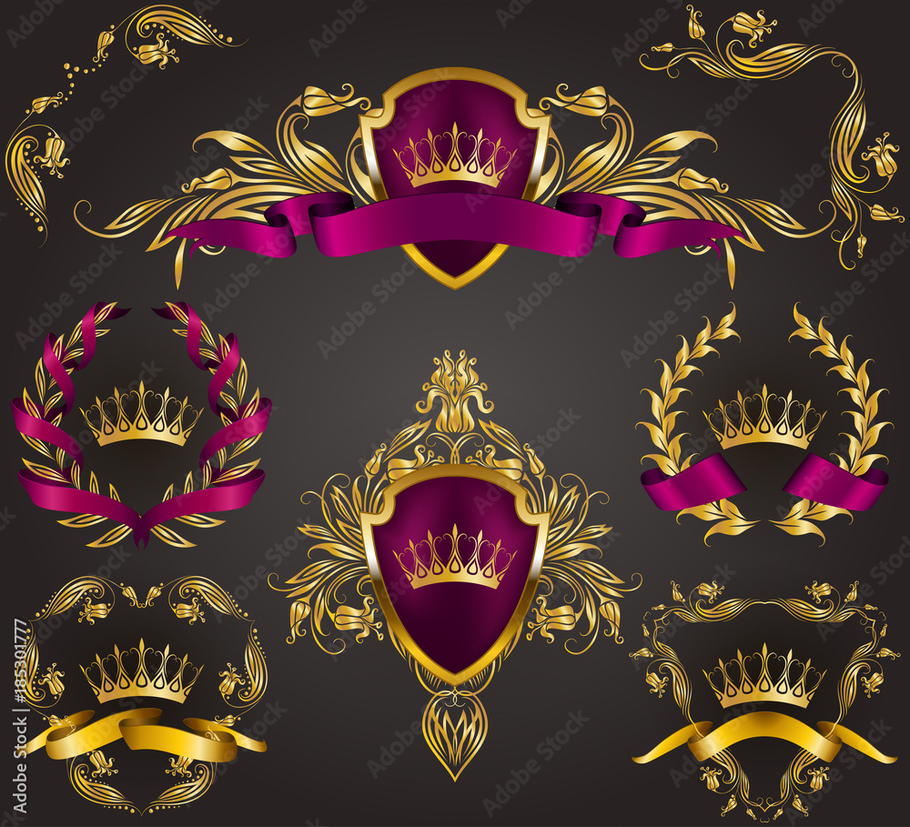 Fototapeta premium Set of golden royal shields with floral elements, ribbons, laurel wreaths for page, web design. Old frame, border, crown in vintage style for monograms, label, emblem, badge, logo. Illustration EPS10
