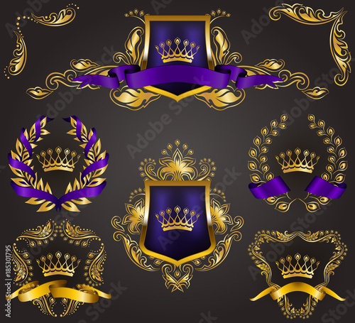 Set of golden royal shields with floral elements, ribbons, laurel wreaths for page, web design. Old frame, border, crown in vintage style for monograms, label, emblem, badge, logo. Illustration EPS10