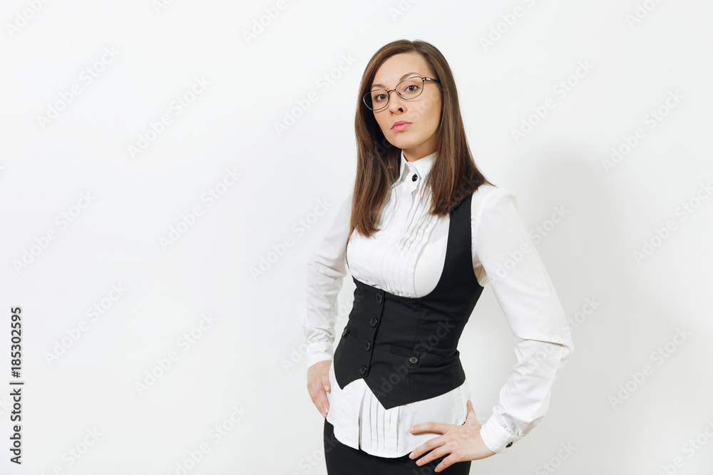 Beautiful happy caucasian young smiling brown-hair business woman in black suit, white shirt and glasses looking camera isolated on white background. Manager or worker. Copy space for advertisement. Beautiful happy caucasian young smiling brown-hair business woman in black suit, white shirt and glasses looking camera isolated on white background. Manager or worker. Copy space for advertisement.