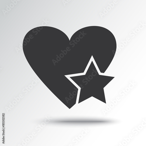 Star in heart, black icon with shadow. Vector illustration