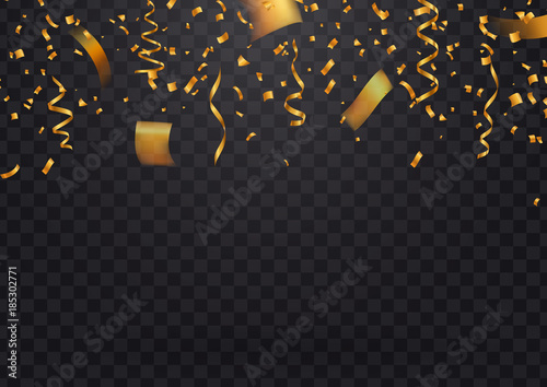 Golden flying confetti and particles on dark transparent background . Template of wide format for Holiday vector illustration