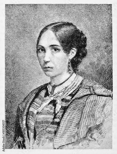 Bilde på lerret Ancient close up portrait of a beautiful woman with a serious look and black tied hair