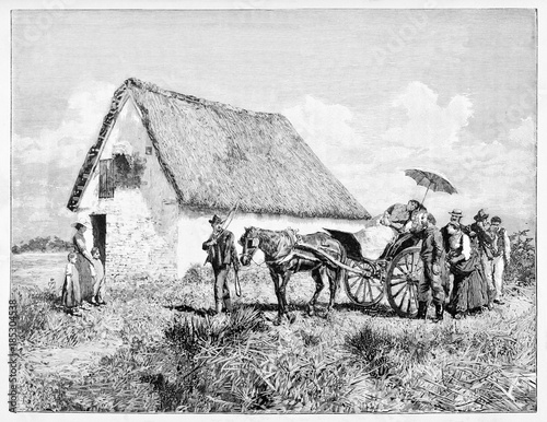 Foto Garibaldi walking beside an ancient cart where Anita lies holding her hand
