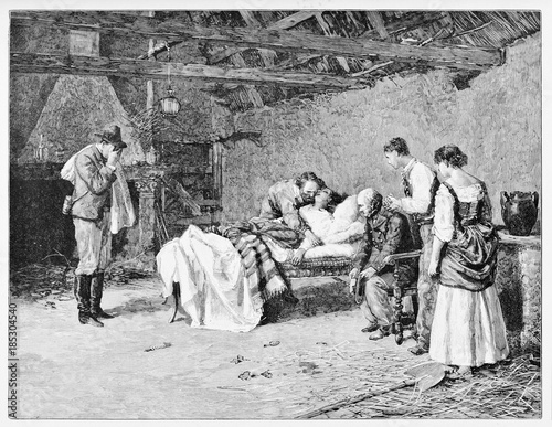Ancient woman on the dying bed hugged by her husband. Anita death in Marquis' Guiccioli farmhouse with Garibaldi beside her. By E. Matania, on Garibaldi e i Suoi Tempi, Milan, Italy 1884