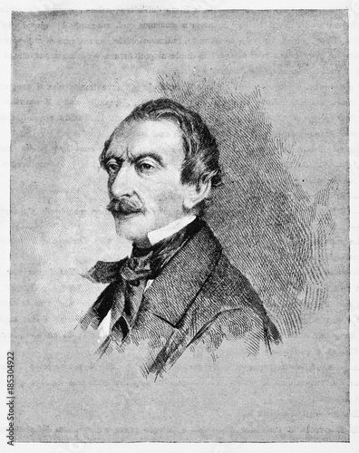 Ancient close up portrait of Massimo D'Azeglio (1798 - 1866) posing to the left. Italian patriot politician painter and writer. By E. Matania published on Garibaldi e i Suoi Tempi Milan Italy 1884