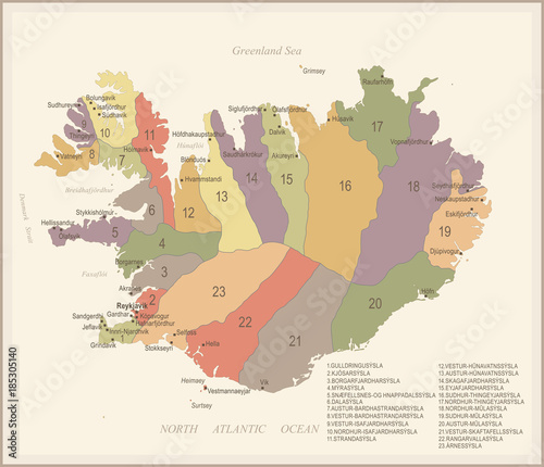 Fotografia Iceland - vintage map and flag - Detailed Vector Illustration