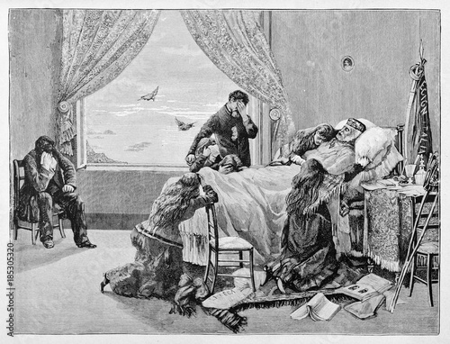 Garibaldi dying on his death bed taken care by his sad family in a room in Caprera. By E. Matania published on Garibaldi e i Suoi Tempi Milan Italy 1884 photo