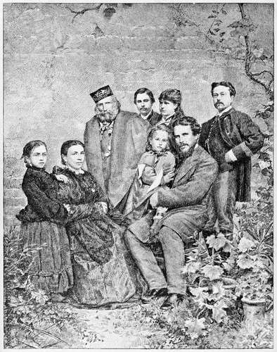 Garibaldi family. Giuseppe Garibaldi with his sons and his wife in a floreal context. By E. Matania published on Garibaldi e i Suoi Tempi Milan Italy 1884