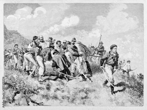 General Garibaldi wounded during a fight on mountains in Aspromonte. His soldiers support him. By E. Matania published on Garibaldi e i Suoi Tempi Milan Italy 1884