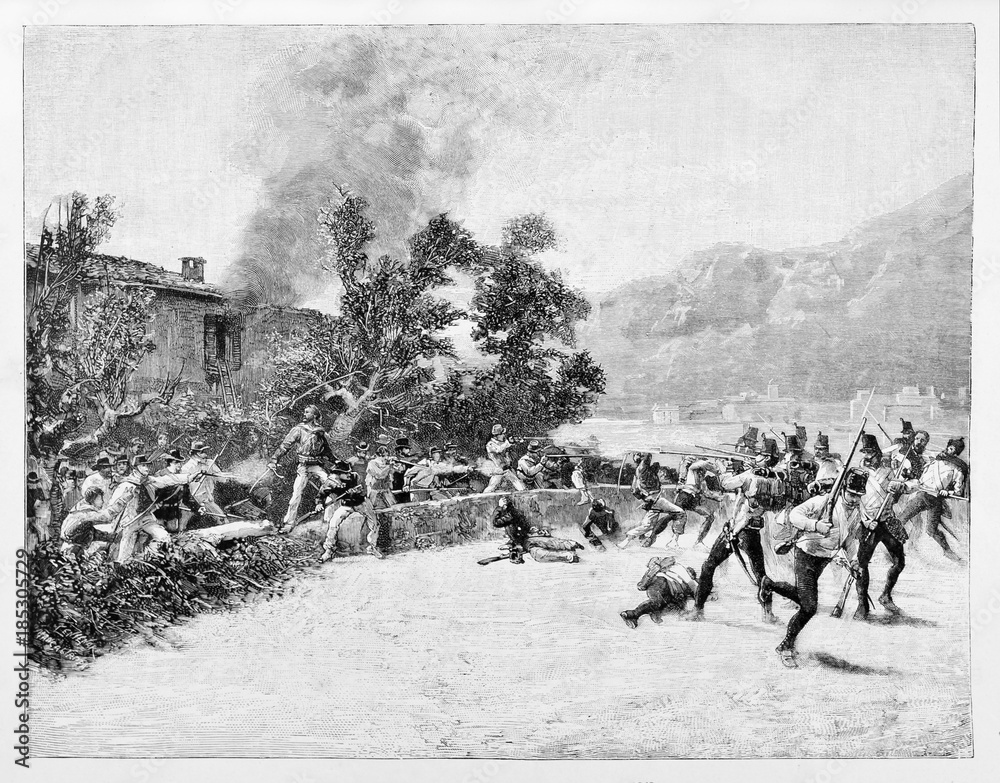 Obraz premium Ancient troops defending a house from the attack of a opposite army using rifles and swords. Luino battle, Italy. By E. Matania published on Garibaldi e i Suoi Tempi Milan Italy 1884
