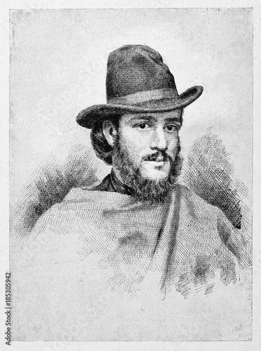 Ancient portrait of a young bearded guy wearing a hat and a poncho. Rosolino Pilo (1820 - 1860) Italian patriot By E. Matania published on Garibaldi e i Suoi Tempi Milan Italy 1884
