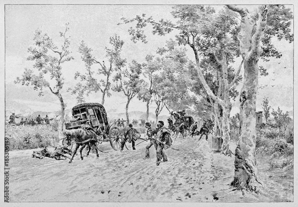 Obraz premium Ancient carriages falling into an ambush by enemy troops on a countryside path. Garibaldi under attack in the Volturno battle area. By E. Matania on Garibaldi e i Suoi Tempi Milan Italy 1884