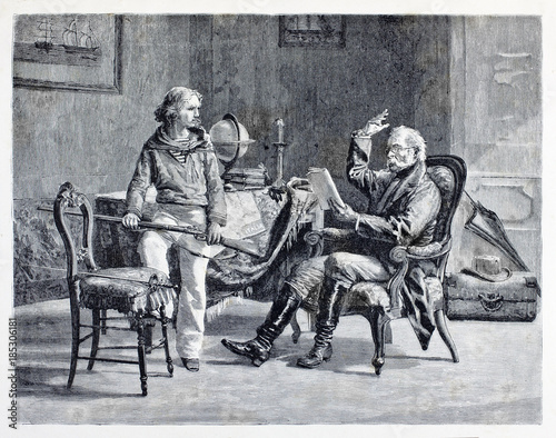 Ancient characters. Young guy holding a gun while a old man reads aloud in a elegant room. Young Giuseppe Garibaldi. By E. Matania published on Garibaldi e i Suoi Tempi Milan Italy 1884