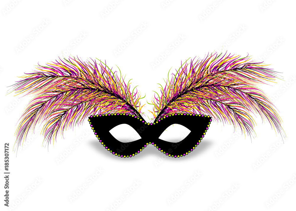 Fototapeta Realistic black color mask bead necklace feather. Isolated white background. Mardi Gras - Fat Tuesday carnival carnival in a French-speaking country. Vector illustration.