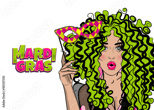 Pop-art woman girl wow face kitsch fashion. Hold hand mask. Mardi Gras - Fat Tuesday carnival carnival in a French-speaking country. Comic book cartoon vector illustration pop art speech bubble.