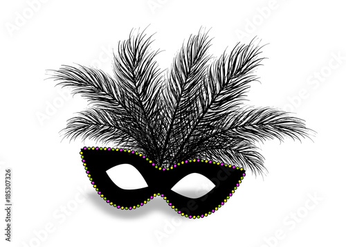 Monochrome realistic black color mask bead necklace feather. Isolated white background. Mardi Gras - Fat Tuesday carnival carnival in a French-speaking country. Vector illustration.