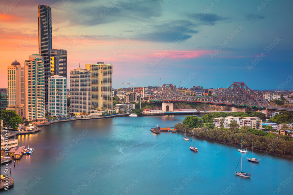 Brisbane. Cityscape image of Brisbane skyline, Australia during dramatic sunset.