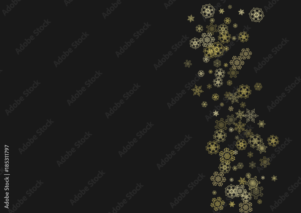 Obraz premium Gold snowflakes frame on black background. New year theme. Horizontal shiny Christmas frame for holiday banner, card, sale, special offer. Falling snow with gold snowflake and glitter for party invite