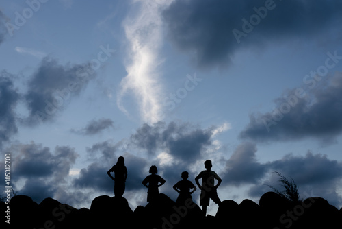 silhouette of kids standing on a rock