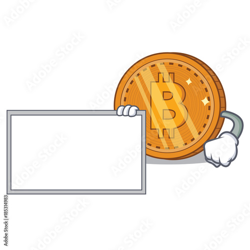 With board bitcoin coin character cartoon