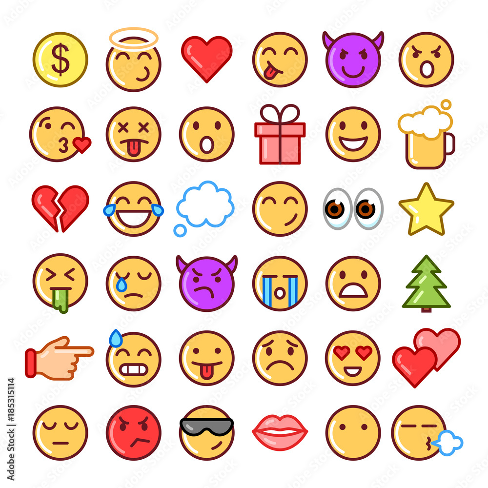 Emoji faces simple icons, thin line symbols.