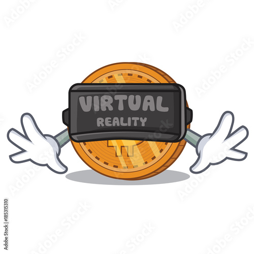 With virtual reality bitcoin coin character cartoon
