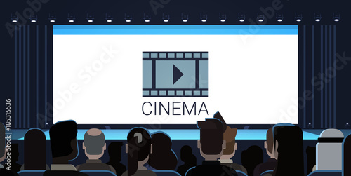 People Sitting In Cinema Looking At Empty Screen Waiting For Movie Start Back Rear View Flat Vector Illustration