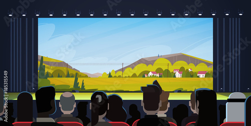 People Sitting In Cinema Watching Movie Back Rear View Flat Vector Illustration