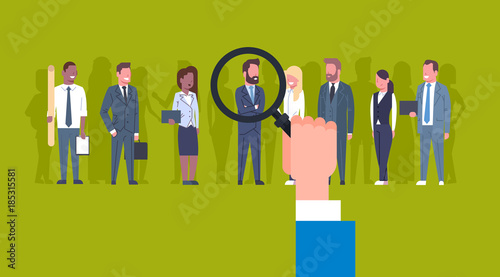 Hr Hand Holding Magnifying Glass Pick Businessman Of Group Of Business People Candidate Recruitment Concept Flat Vector Illustration