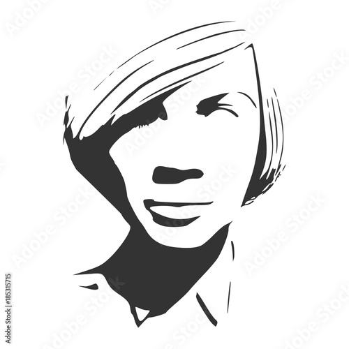 Face front view. Elegant silhouette of a female head. Short hair. Monochrome gamma.