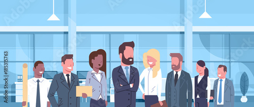 Group Of Business People In Modern Office Concept Team Of Successful Businessmen And Businesswomen Professionals At Workplace Flat Vector Illustration