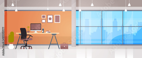 Empty Workplace Office Desk With Desktop Computer Workspace Interior Concept Flat Vector Illustration