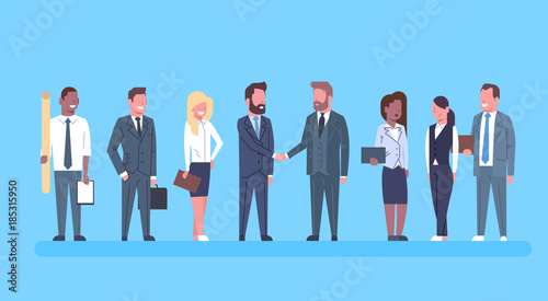 Two Business Men Shaking Hands Partners Hand Shake Concept Businesspeople Team Boss Successful Agreement Or Deal Flat Vector Illustration
