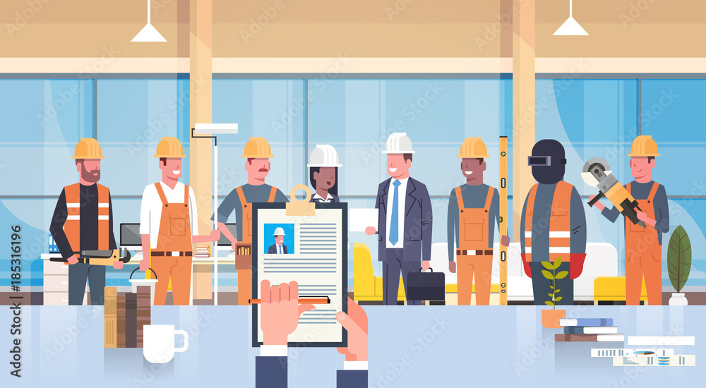Hr Manager Hand Hold Cv Resume Of Construction Worker Over Group Of Builders Choose Candidate For Vacancy Job Position, Recruitment Concept Flat Vector Illustration