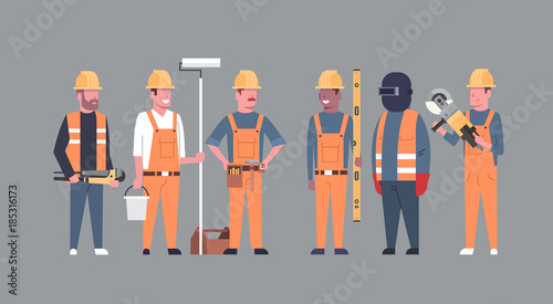 Costruction Workers Team Industrial Technicians Mix Race Men Builders Group Flat Vector Illustration