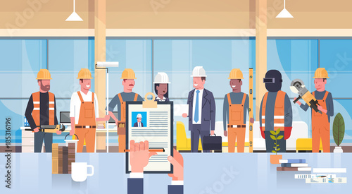 Hr Manager Hand Hold Cv Resume Of Construction Worker Over Group Of Builders Choose Candidate For Vacancy Job Position, Recruitment Concept Flat Vector Illustration