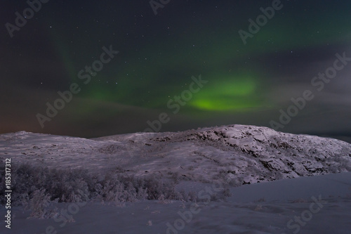 Northern lights, aurora over hills and tundra in the winter.