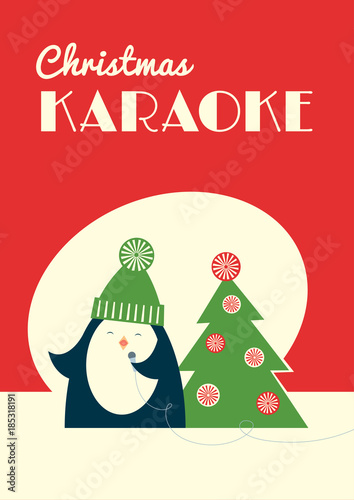 Retro styled Christmas karaoke party invitation leaflet. Cute cartoon penguin singing into a microphone standing near decorated fir tree. Red background. Vector illustration. Vertical format.